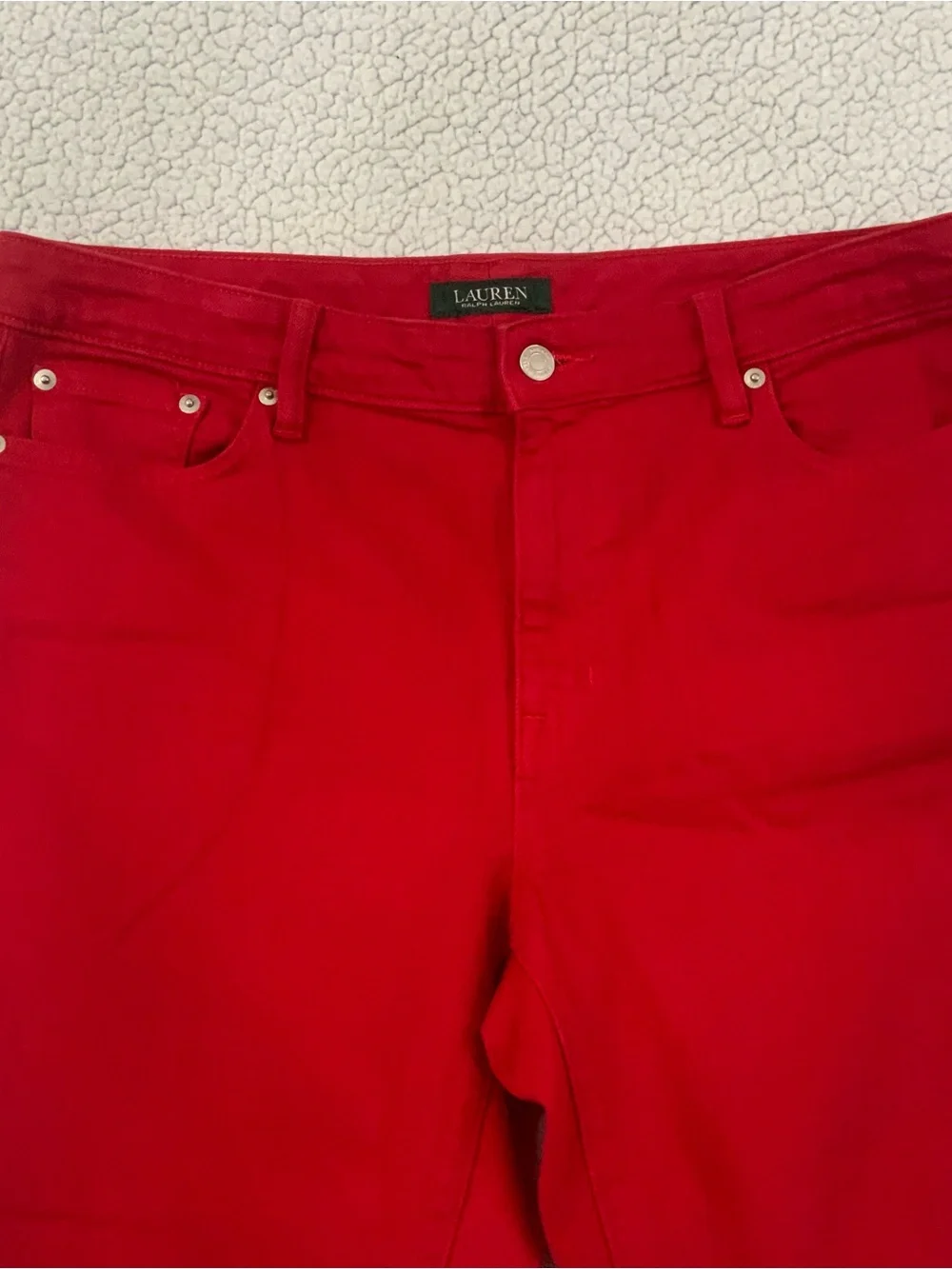 Lauren Ralph Lauren Straight Leg Red Denim Jeans Size 14 Logo Leather Patch